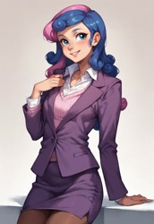 Size: 1280x1856 | Tagged: safe, ai generated, generator:civitai, prompter:jesterofdestiny, bon bon, sweetie drops, human, g4, blushing, clothes, dress shirt, female, humanized, looking at you, pantyhose, pencil skirt, shirt, skirt, smiling, smiling at you, solo, suit, sweater