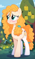 Size: 768x1280 | Tagged: safe, ai generated, prompter:peachy-orchid, pear butter, earth pony, pony, g4, clothes, cute, female, legwear, mare, outdoors, socks, thigh highs