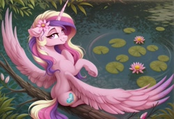Size: 2432x1664 | Tagged: safe, ai generated, generator:yiffymix v61, prompter:siber, princess cadance, alicorn, pony, g4, bedroom eyes, branch, butt, female, flower in hair, full body, high angle, horn, lily (flower), lilypad, looking at you, looking back, looking back at you, mare, plot, pond, raised hoof, sitting, smiling, smiling at you, solo, spread wings, underhoof, wings
