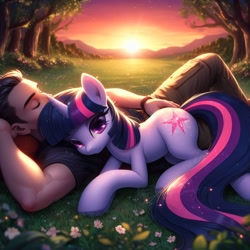 Size: 1024x1024 | Tagged: prompter needed, safe, ai generated, twilight sparkle, oc, human, pony, unicorn, clothes, detailed background, duo, eyes closed, female, grass, horn, lying, male, on back, outdoors, pants, shirt, sky, smiling, sunset, tree, unicorn twilight