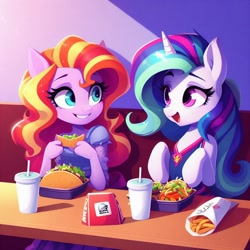 Size: 1024x1024 | Tagged: prompter needed, safe, ai generated, oc, oc only, pony, unicorn, bag, burger, clothes, duo, female, food, horn, open mouth, smiling, table