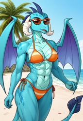 Size: 832x1216 | Tagged: safe, ai generated, generator:prefect pony xl, prompter:zerowinger, princess ember, dragon, anthro, g4, beach, bikini, breasts, clothes, dragoness, female, lizard breasts, muscles, ocean, open mouth, open smile, palm tree, smiling, solo, spread wings, sunglasses, swimsuit, wings