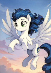 Size: 896x1280 | Tagged: safe, ai generated, generator:wai-nsfw-illustrious-sdxl, prompter:bendy and boney, high winds, pegasus, pony, g4, clouds, cute, female, flying, happy, mare, outdoors, palindrome get, sky, solo, spread wings, wings