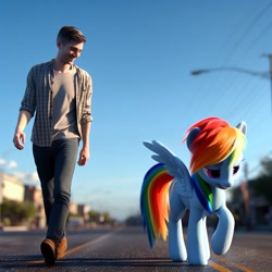 Size: 1024x1024 | Tagged: safe, ai generated, rainbow dash, human, pegasus, pony, g4, 2023, 3d, blurred background, bottomwear, clothes, denim, duo, female, jeans, male, open mouth, outdoors, pants, road, shadow, shirt, shoes, sky, smiling, walking