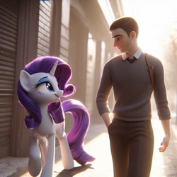 Size: 1024x1024 | Tagged: safe, ai generated, rarity, human, pony, unicorn, g4, 2023, 3d, bottomwear, building, clothes, detailed background, duo, eyeshadow, female, hand in pocket, horn, looking at another, makeup, male, open mouth, outdoors, pants, shadow, shirt, smiling, sunlight, sweater, tongue, tongue out, walking