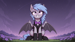 Size: 2560x1456 | Tagged: safe, ai generated, generator:stable diffusion, generator:wai-nsfw-illustrious-sdxl, prompter:cypher, oc, oc only, oc:lucky roll, bat pony, pony, g4, female