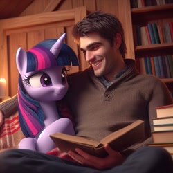 Size: 1024x1024 | Tagged: safe, ai generated, twilight sparkle, human, pony, unicorn, g4, 2023, 3d, book, clothes, duo, female, furniture, horn, male, reading, sitting, smiling
