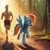 Size: 1024x1024 | Tagged: safe, ai generated, rainbow dash, human, pegasus, pony, g4, 2023, 3d, abs, armband, belly button, bottomwear, clothes, detailed background, duo, female, forest, grass, jogging, male, muscles, muscular, muscular male, outdoors, running, shadow, shorts, smiling, sunbeam, sunlight, topless, tree, walking, wristband