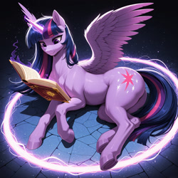 Size: 1280x1280 | Tagged: safe, generator:yiffymix v61, prompter:derp621, twilight sparkle, alicorn, pony, g4, beautiful, book, dark background, female, glowing, glowing horn, horn, magic aura, mare, on side, prompt in description, reading, reading a book, solo, solo female, spread wings, telekinesis, twilight sparkle (alicorn), underhoof, wings