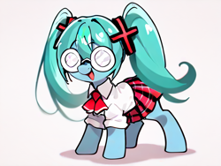 Size: 640x480 | Tagged: safe, ai generated, oc, oc only, earth pony, pony, bottomwear, clothes, female, glasses, mare, necktie, open mouth, shirt, simple background, skirt, smiling, solo, uniform, white background