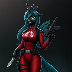 Size: 1024x1024 | Tagged: safe, ai generated, generator:google imagen 3.0, prompter:zerowinger, queen chrysalis, changeling, changeling queen, anthro, series:g.i. pony: a real equestrian hero, g4, baroness, bodysuit, breasts, clothes, cosplay, costume, crimson strike team, female, g.i. joe, glasses, gradient background, knife, solo, submachinegun, weapon