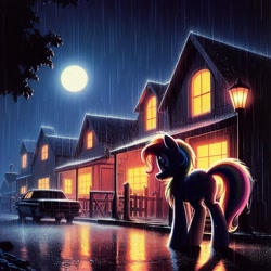 Size: 1024x1024 | Tagged: safe, ai generated, oc, oc only, pony, 2023, building, car, detailed background, female, house, mare, moon, night, outdoors, raining, reflection, smiling, solo, street, street lamp, town, tree, vehicle, wet
