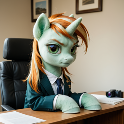 Size: 1024x1024 | Tagged: safe, ai generated, generator:pony realism 2.3, prompter:meta_void, queen chrysalis, changeling, changeling queen, pony, unicorn, g4, alternate universe, business suit, camera, clothes, corporate pony, desk, disguise, disguised changeling, female, glaring, glaring at you, horn, looking at you, mare, office, office chair, offscreen character, paperwork, photorealistic, pictures, realistic, realistic background, shutter bug, suit, tie, ultrarealistic
