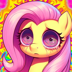 Size: 1024x1024 | Tagged: safe, ai generated, fluttershy, pony, g4, 2023, abstract background, crying, female, looking at you, portrait, solo, spiral eyes, tears