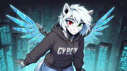 Size: 10240x5760 | Tagged: safe, ai generated, generator:pony diffusion v6 xl, generator:stable diffusion, prompter:lost_conn, prompter:xyiloiwg, oc, oc:philharmonia astarey, pegasus, pony, robot, robot pony, anthro, city, cityscape, clothes, denim, female, heterochromia, hoodie, in air, jeans, looking at you, pants, pegasus oc, solo, solo female, wings