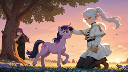 Size: 2560x1440 | Tagged: safe, ai composition, artist:truekry, generator:wai-nsfw-illustrious-sdxl, twilight sparkle, elf, human, pony, unicorn, g4, crossover, depth of field, female, fern (frieren: beyond journey's end), flower, frieren, frieren: beyond journey's end, horn, human female, human on pony petting, jealous, mare, meadow, outdoors, petting, smiling, smiling at each other, spying, sunset, tree, trio, unicorn twilight, wallpaper
