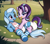 Size: 1088x960 | Tagged: safe, ai generated, prompter:bitter sweetness, starlight glimmer, trixie, unicorn, g4, abdl, adult foal, bib, diaper, diaper fetish, diaperlight glimmer, diapixie, female, horn, non-baby in diaper, open mouth, open smile, pacifier, park, poofy diaper, smiling, striped socks