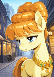 Size: 896x1280 | Tagged: safe, ai generated, generator:wai-nsfw-illustrious-sdxl, prompter:bendy and boney, aunt orange, earth pony, pony, g4, city, female, mare, necklace, outdoors, solo