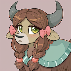 Size: 1024x1024 | Tagged: safe, ai generated, prompter:teaspoon, yona, yak, g4, blushing, bow, eyebrows visible through hair, female, floppy ears, frown, hair bow, horns, lidded eyes, looking at you, simple background, solo