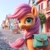 Size: 1024x1024 | Tagged: safe, ai generated, sunny starscout, earth pony, pony, g5, 2023, bag, building, city, detailed background, female, looking at you, outdoors, portrait, sky, smiling, solo, street, town