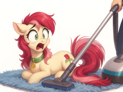 Size: 1364x1024 | Tagged: safe, generator:chatgpt, prompter:doom9454, roseluck, earth pony, human, pony, g4, behaving like a cat, collar, lying down, pet tag, pony pet, rosepet, scared, vacuum cleaner