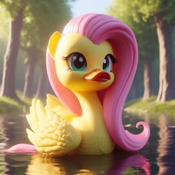 Size: 1024x1024 | Tagged: safe, ai generated, fluttershy, bird, duck, pegasus, pony, g4, 2023, 3d, detailed background, female, forest, grass, mare, outdoors, partially submerged, portrait, reflection, smiling, solo, species swap, sunlight, tree, water