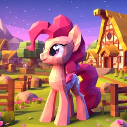 Size: 1024x1024 | Tagged: safe, ai generated, pinkie pie, earth pony, pony, g4, 2023, 3d, building, detailed background, female, fence, grass, house, mare, outdoors, rock, sky, smiling, solo, standing, stars, tree
