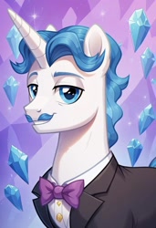 Size: 832x1216 | Tagged: safe, ai generated, prompter:lavenderperiwinkle, fancypants, pony, unicorn, g4, black tie (suit), bow, bow tie, clothes, horn, looking at you, male, narrowed eyes, portrait, smiling, solo, stallion, suit