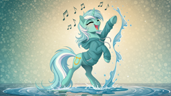 Size: 2560x1440 | Tagged: safe, ai composition, generator:yiffymix v61, prompter:siber, lyra heartstrings, pony, unicorn, g4, 16:9, abstract background, beautiful, clothes, cute, eyes closed, female, happy, hoodie, horn, mare, music notes, on hind legs, open mouth, puddle, raised hoof, rearing, singing, solo, splash, wallpaper