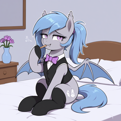 Size: 1024x1024 | Tagged: safe, ai generated, oc, oc only, oc:lucky roll, bat pony, pony, bat wings, bed, bow, bow tie, clothes, fangs, female, flower, furniture, legwear, looking at you, mare, membranous wings, narrowed eyes, on bed, pillow, ponytail, sitting, slit pupils, socks, solo, vest, wings