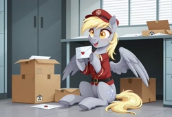 Size: 2104x1440 | Tagged: safe, ai generated, generator:yiffymix v62, prompter:siber, derpy hooves, pegasus, pony, g4, cap, clothes, cute, derp eyes, female, hat, holding object, letter, looking at you, mail, mailmare, mare, open mouth, package, post office, sitting, smiling, solo, spread wings, underhoof, uniform, wings