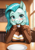 Size: 896x1280 | Tagged: safe, ai generated, generator:pandomerge, prompter:bendy and boney, lighthoof, earth pony, anthro, g4, blushing, breasts, cafe, cheerleader, clothes, female, hand on face, happy, indoors, plate, pov, smiling, solo, sweater, table, teeth